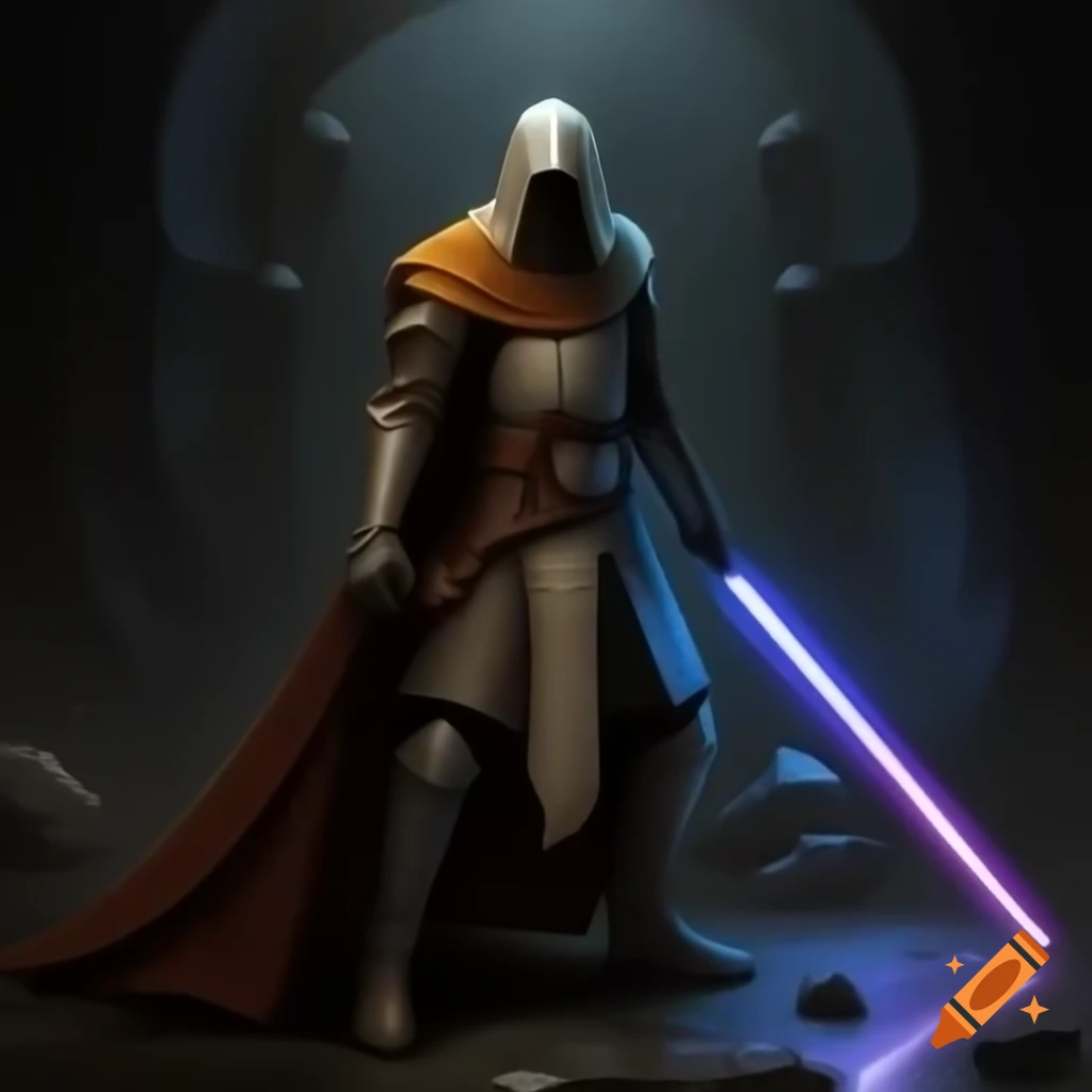 Defiant rogue Jedi Knight with vibrant lightsaber and mystical gaze