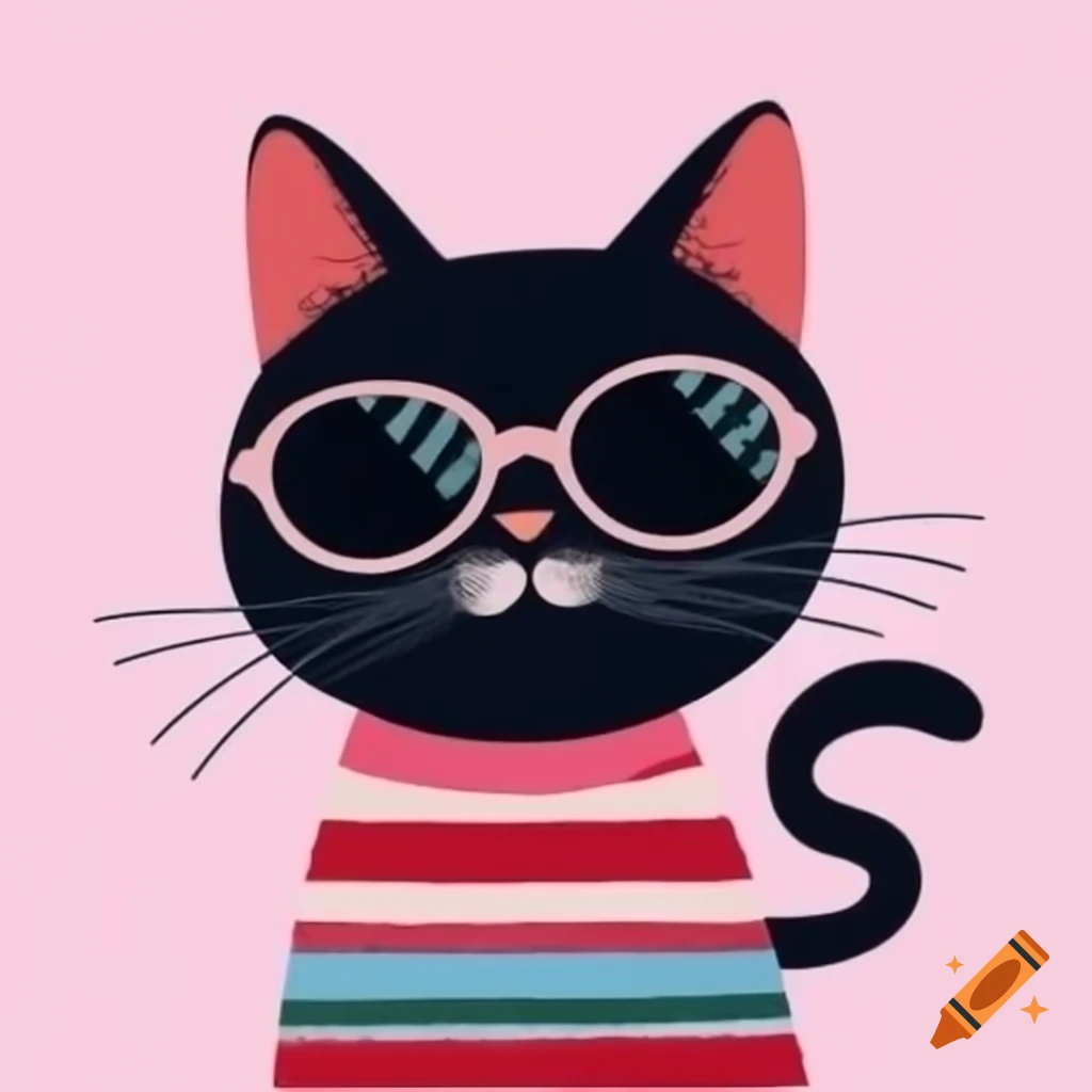 Cartoon art of black cat with pajama stripes and sunglasses