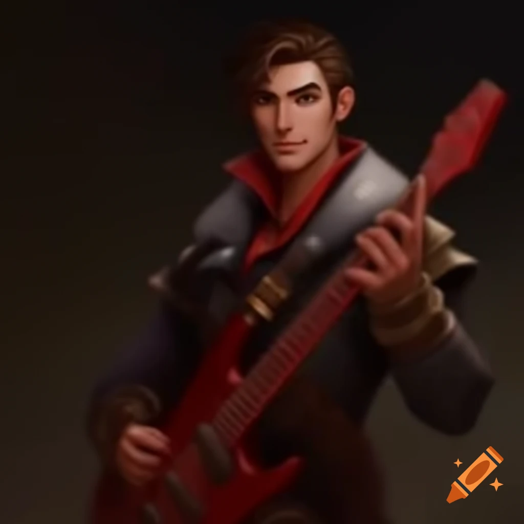 Handsome bard holding red guitar