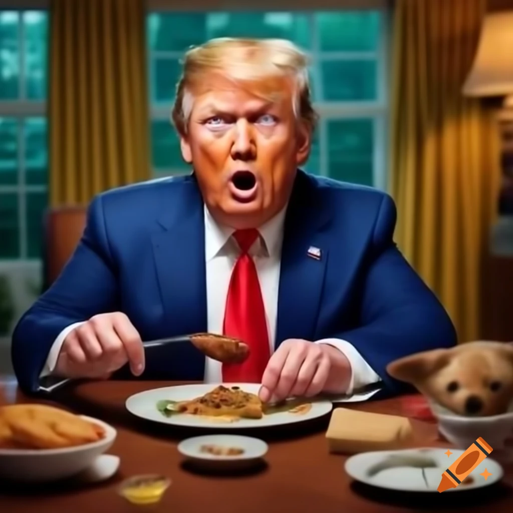 Hyperrealistic formal dinner scene at mar a lago with donald trump and