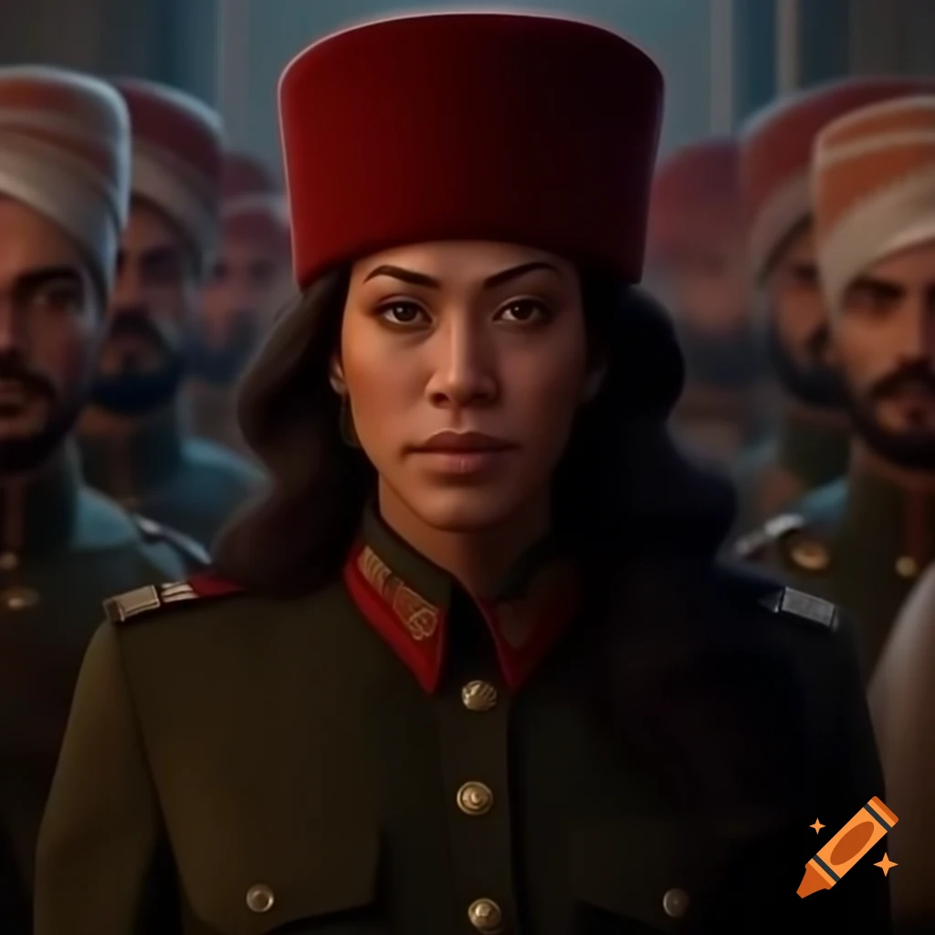 Kamala Harris in stylized Turkish military uniform inspired by traditional outfits