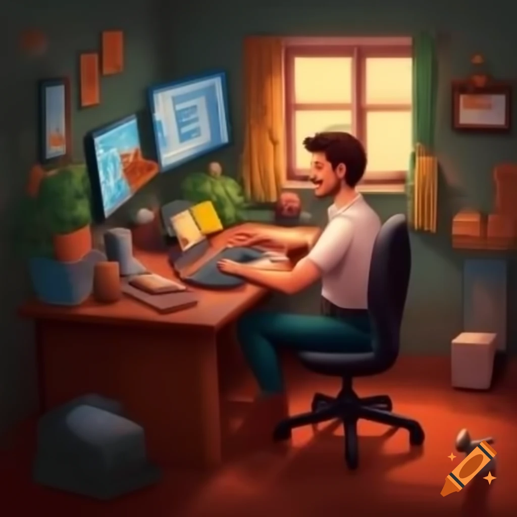 Developer working in cozy home office with puppy by side