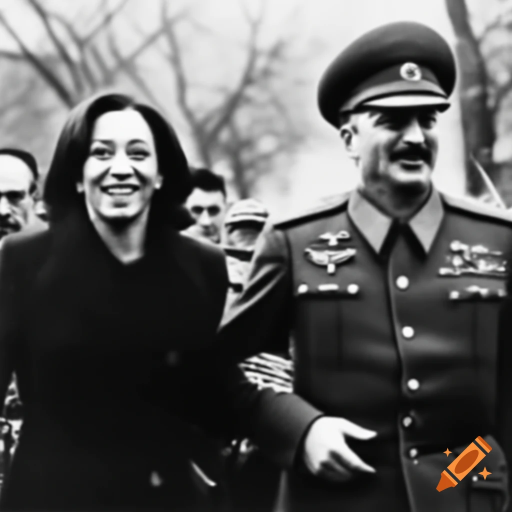 Kamala Harris and Josif Stalin in communist uniforms