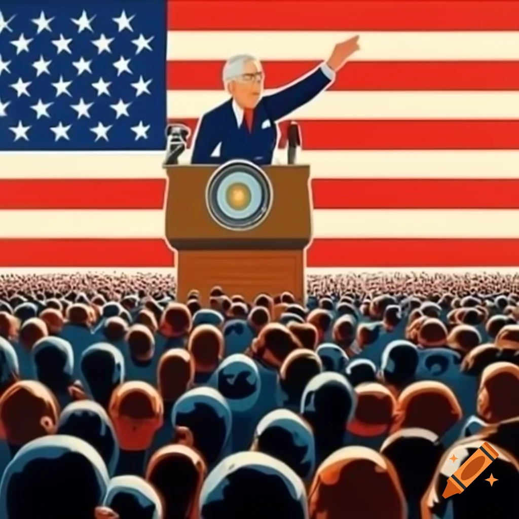 Vintage cartoon poster of Franklin Roosevelt speaking to audience with American flag