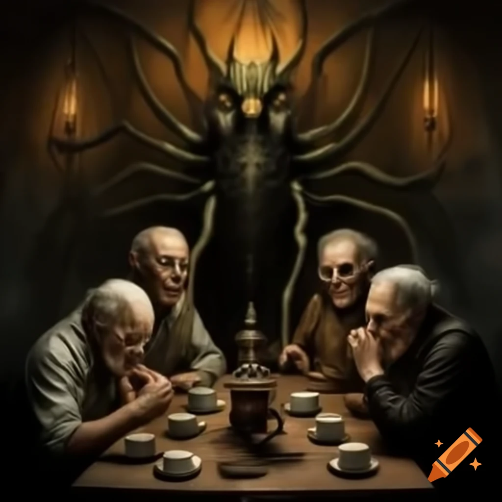 Four elderly men enjoying coffee at a table with gothic horror elements