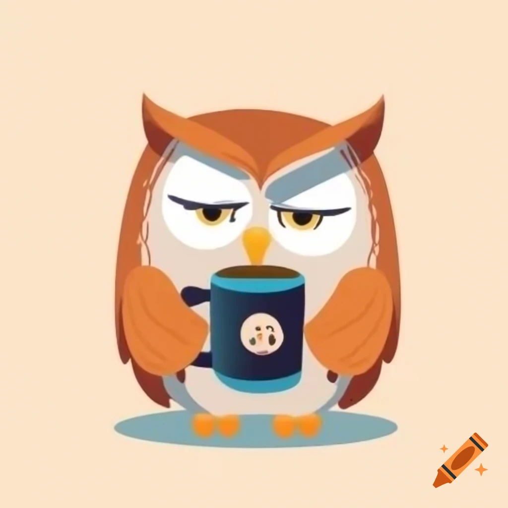 Tired wise owl holding coffee cup in vector style