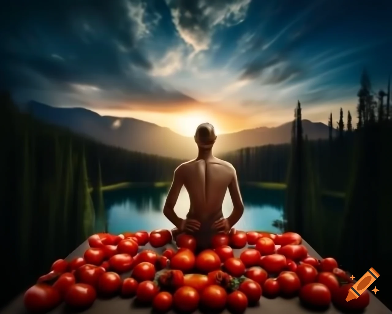 Photorealistic closeup of a human face made of tomatoes, surrounded by tomatoes