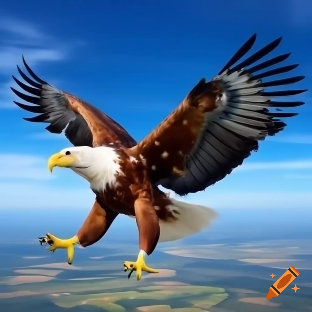 Yellow eagle soaring over Hungarian countryside with outstretched wings
