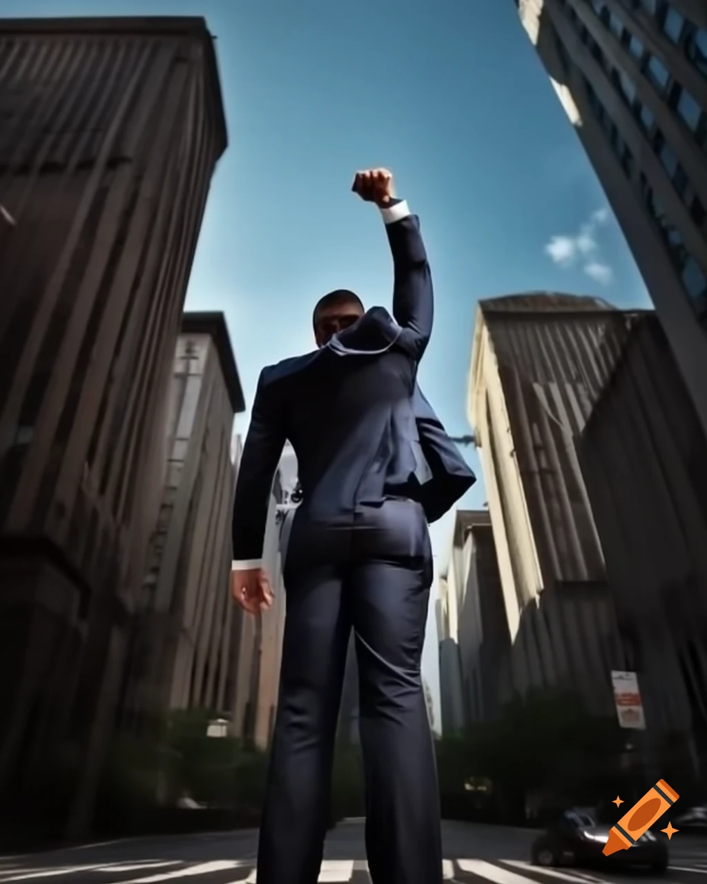 Man in suit celebrating success while overlooking city from skyscraper