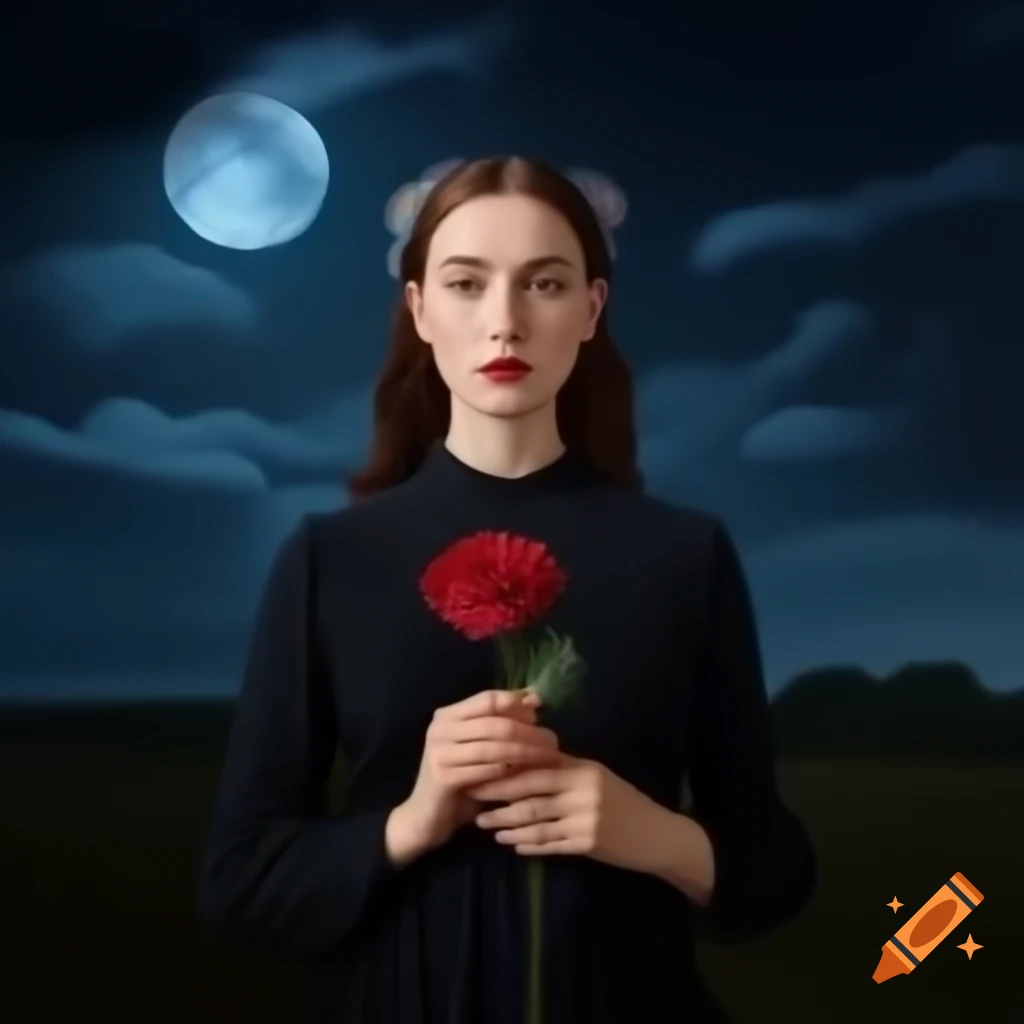 English woman holding a rose in dark dress under moonlight, photorealistic