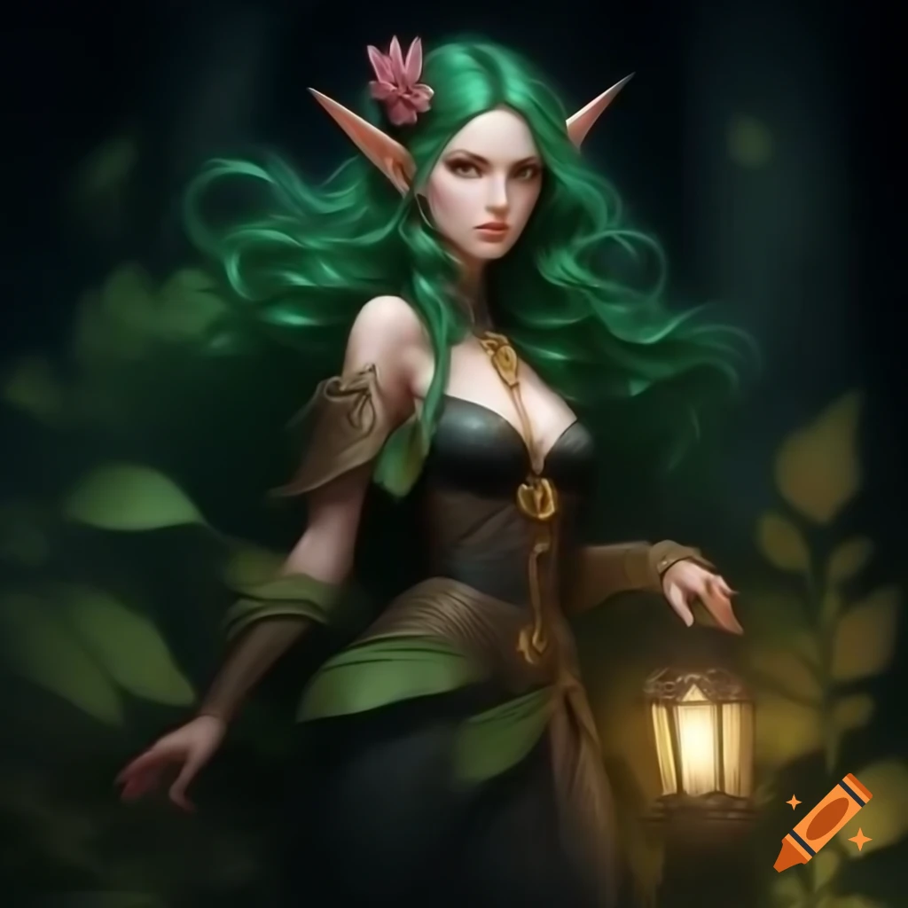 Detailed portrait of a druid girl with dark green hair in a black gown, walking through a dark forest holding a lantern