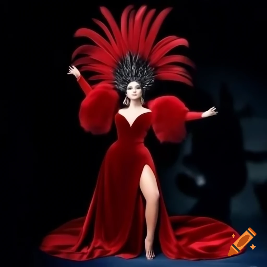 Glamorous performer in red velvet gown with feathered boa and headpiece