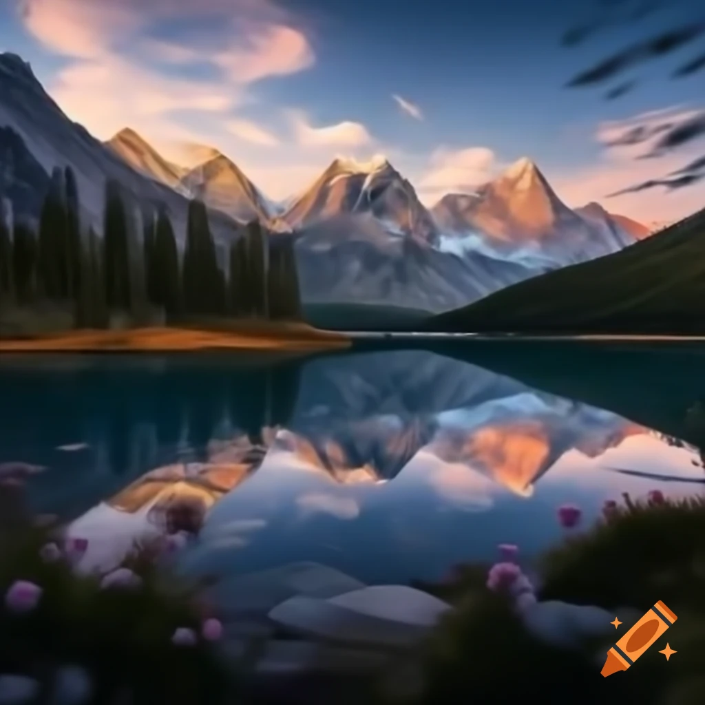 Serene mountain landscape at dawn with alpine lake and tall pine trees
