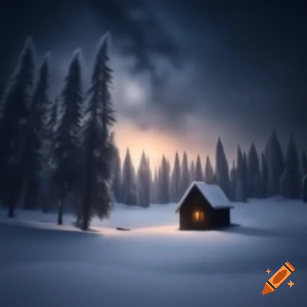 Lonely cabin in dark snowy landscape surrounded by forest