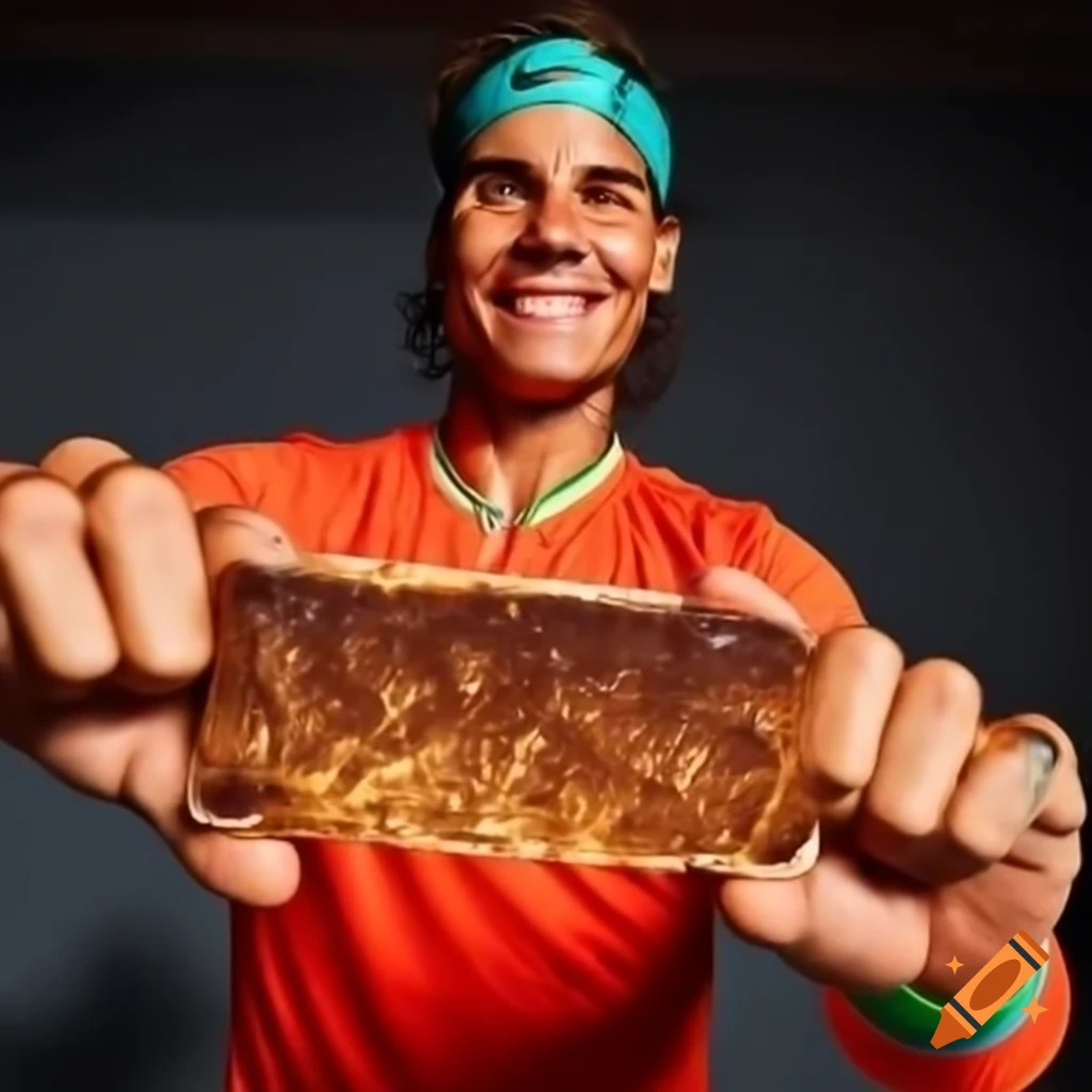 Rafael nadal holding a protein energy bar in his hand on craiyon