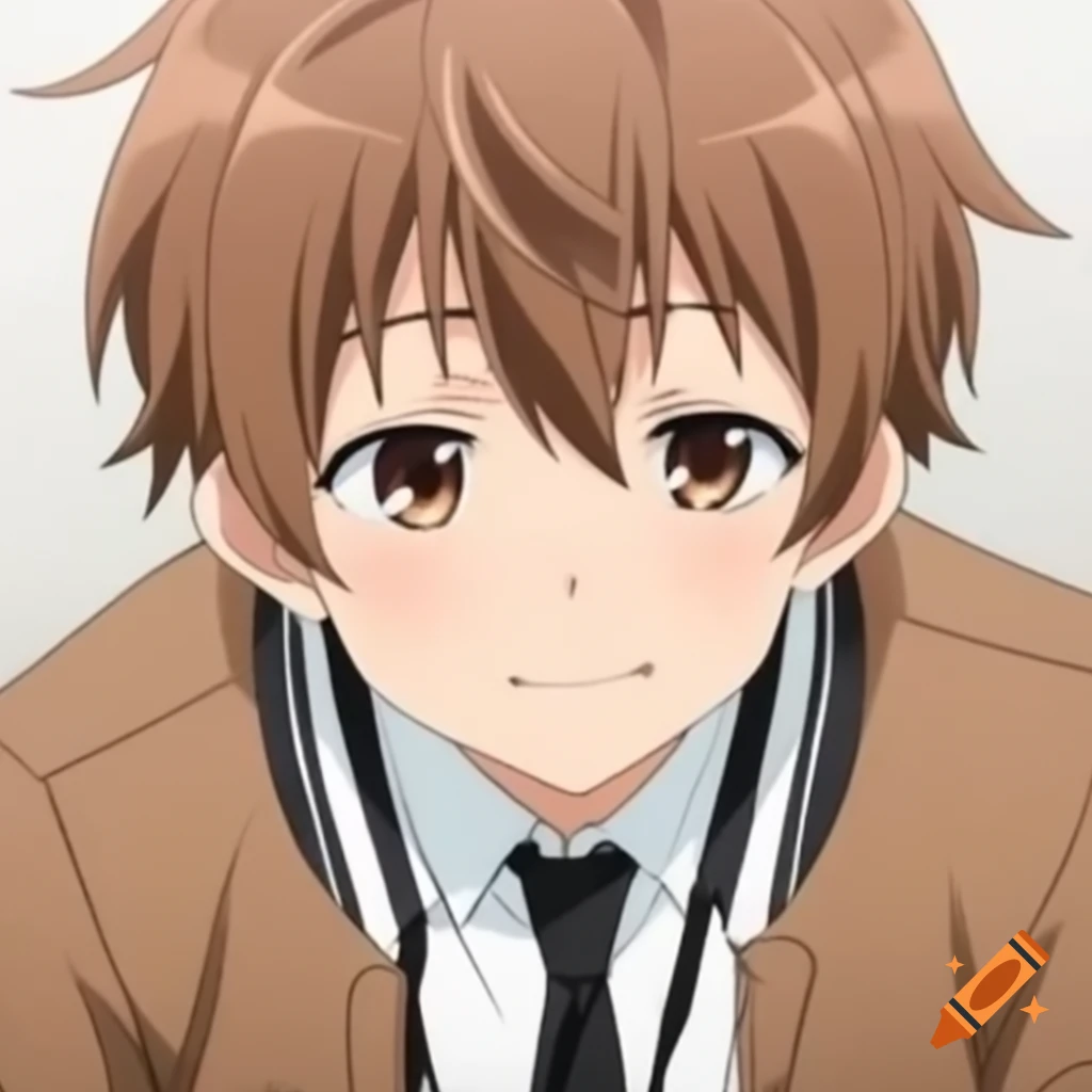 Anime boy with brown hair and brown eyes wearing a brown jacket and black tie, smiling shyly
