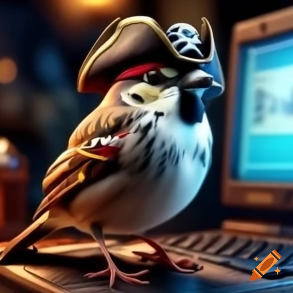 Jack Sparrow character using a laptop computer