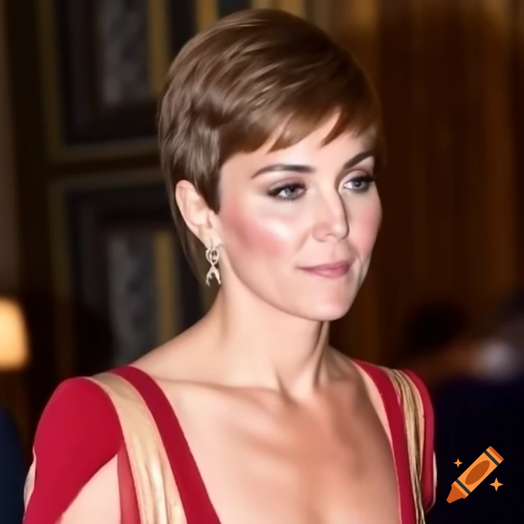 Catherine Middleton showcasing trendy cropped pixie cut with regal sophistication