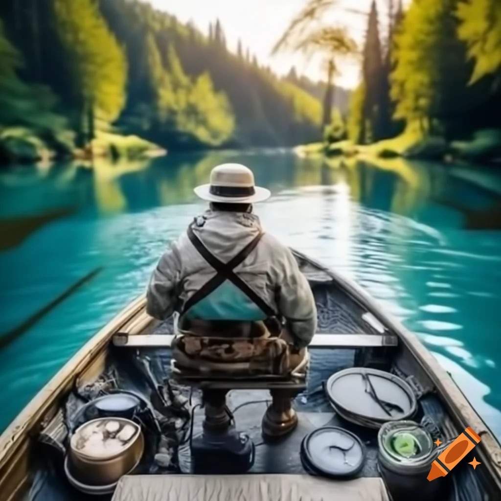 Fisherman on inflatable boat on river with another fisherman on shore