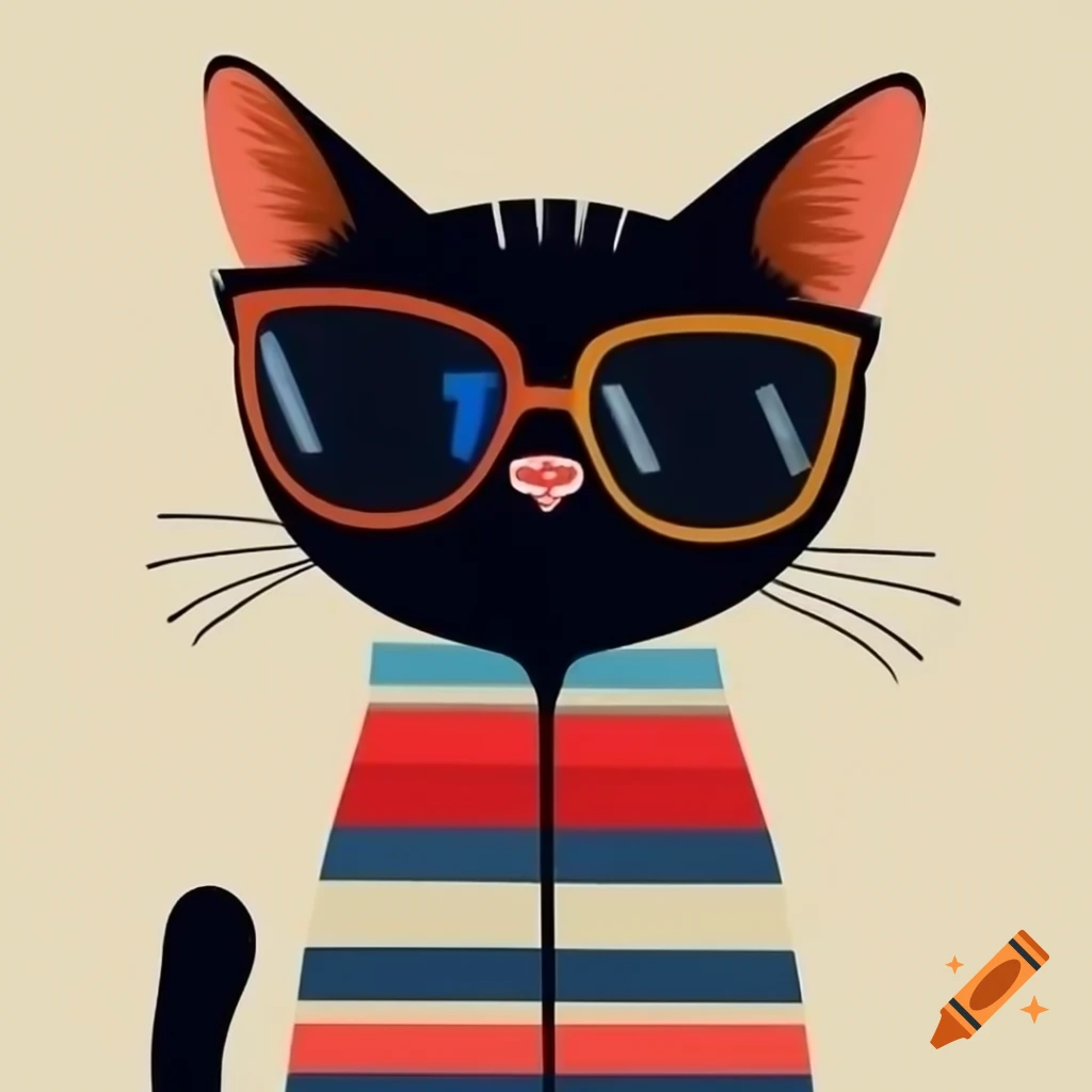 Cartoon art of black cat with pajamas and sunglasses