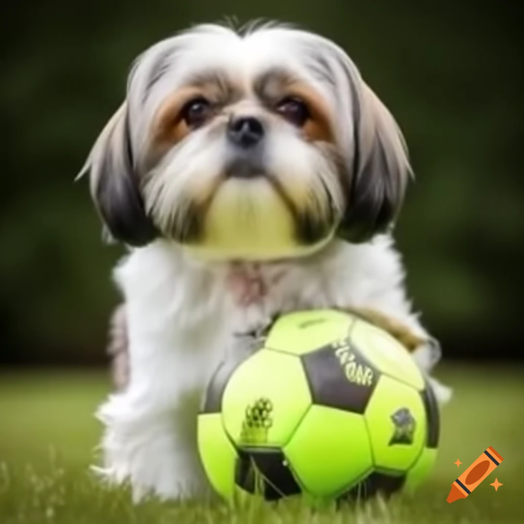 Large white Shih Tzu playing soccer