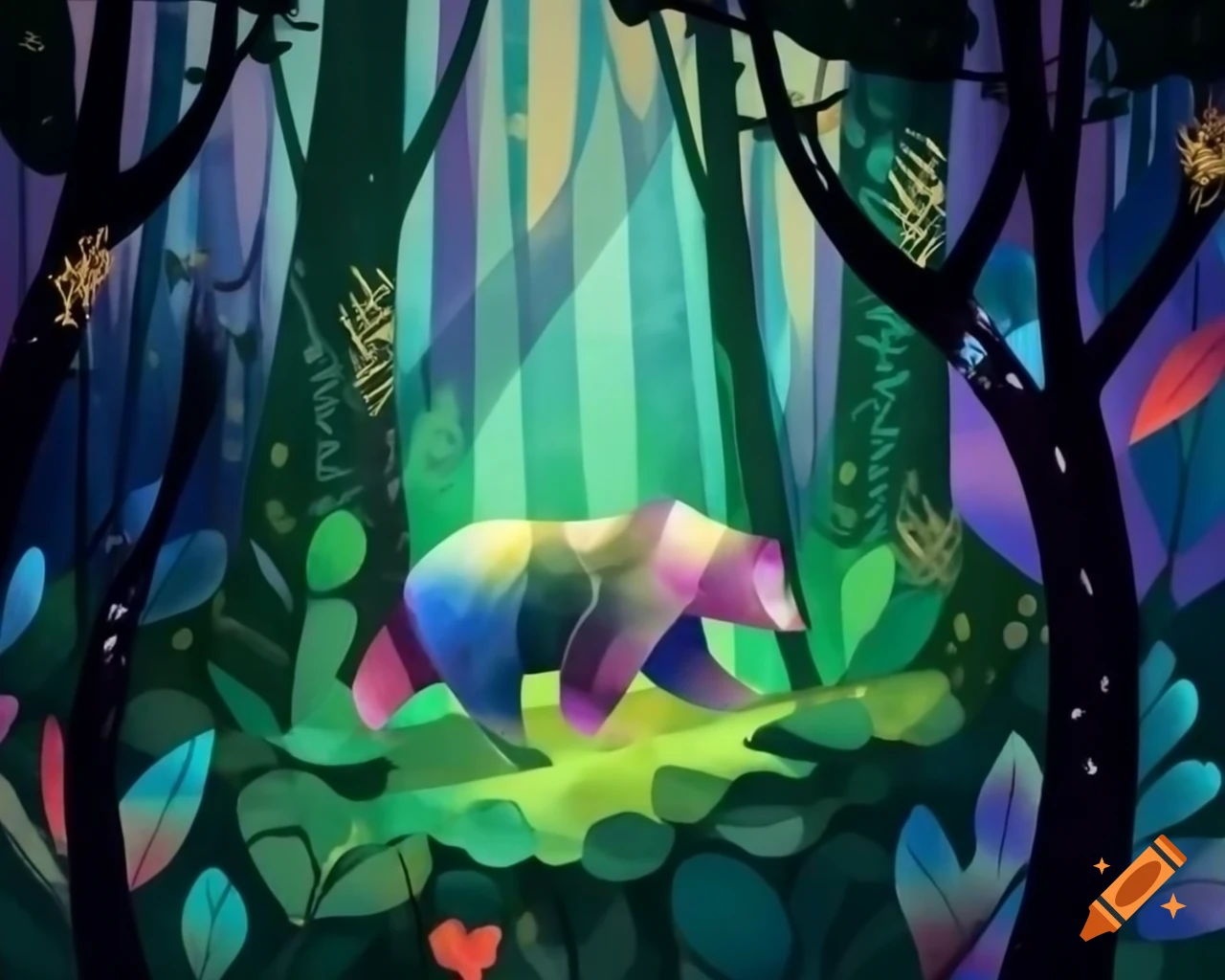 Enchanting forest with stained glass trees and colorful leaves