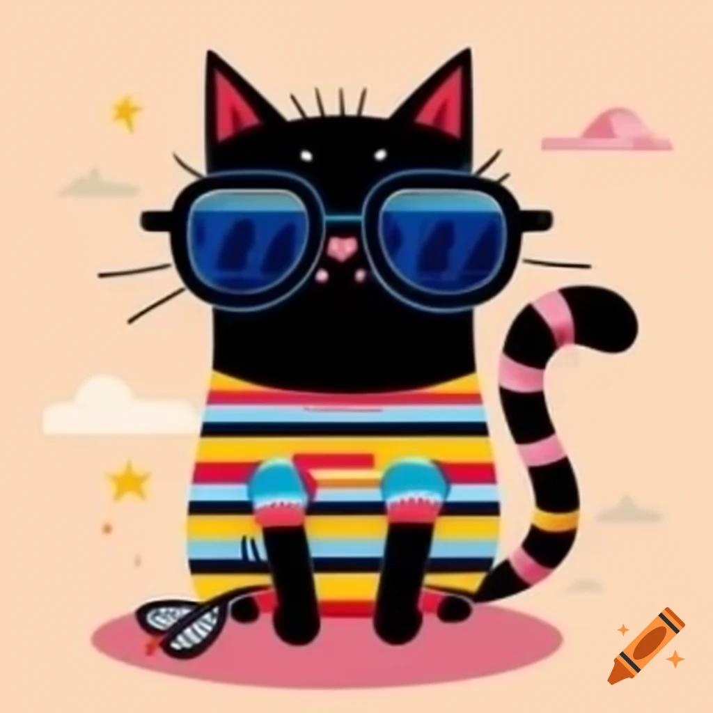 Cartoon art of black cat with pyjama stripes and sunglasses