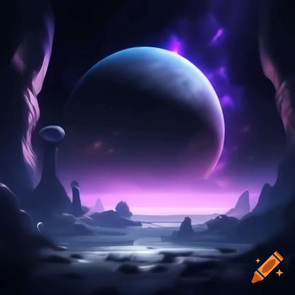 Rocky planet under purple sky with colossal ringed planet and corporate outpost