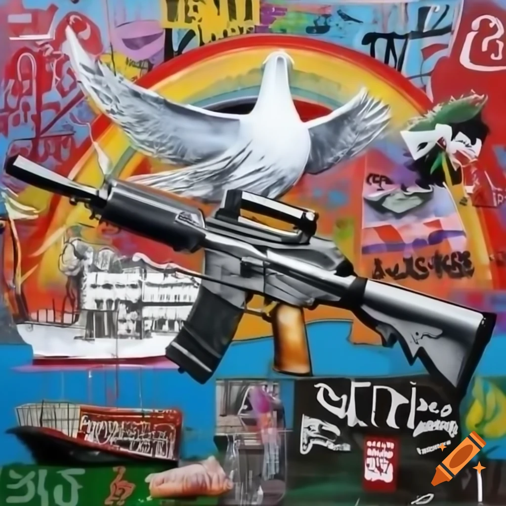 Graffiti collage featuring rifle, dove, rainbow, military ship, protest signs, and children