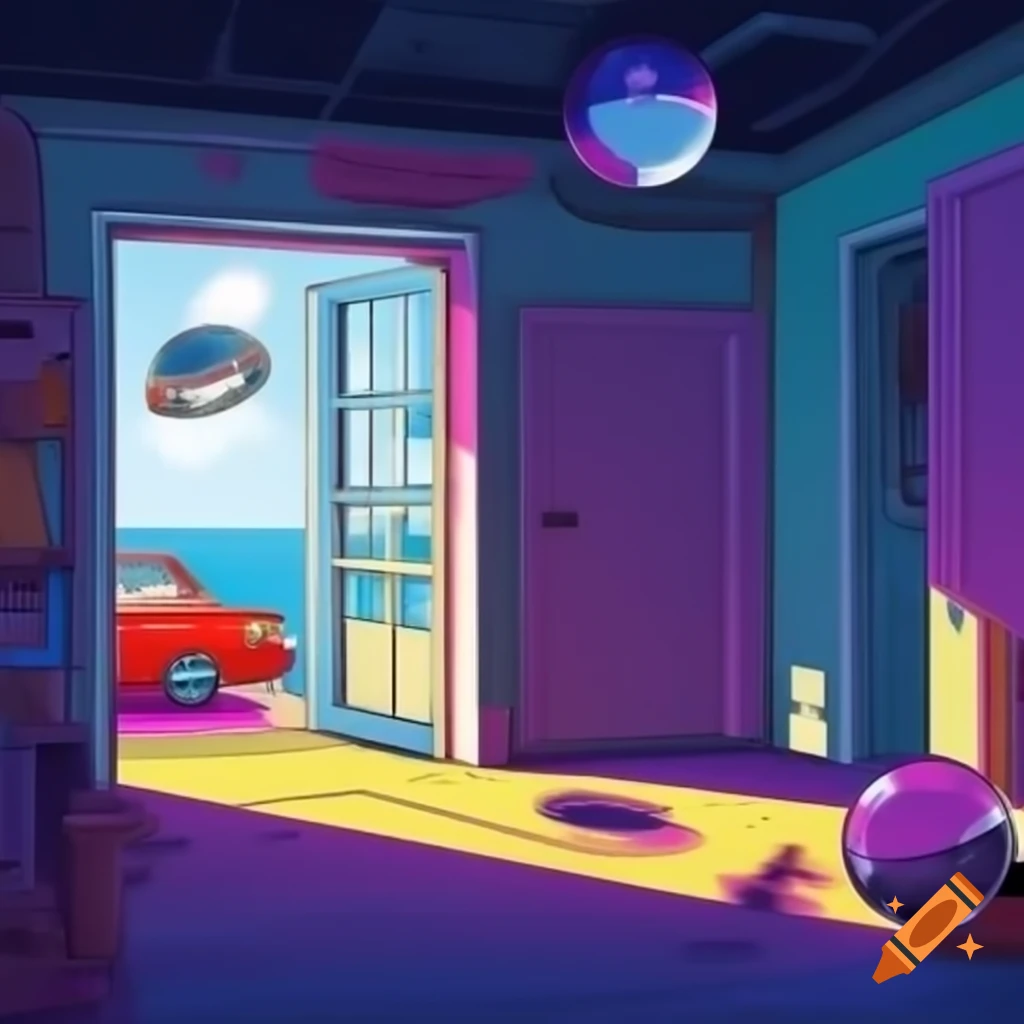 Pop art hippy room with 70s trance outer space view, floating car, and disco ball