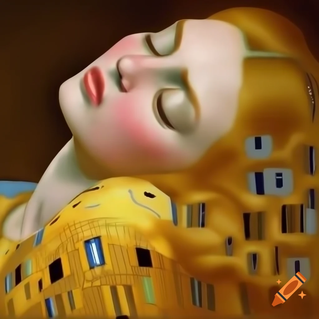 Detailed painting of a sleeping blonde princess in Gustav Klimt style, featuring shiny gold and elegant design