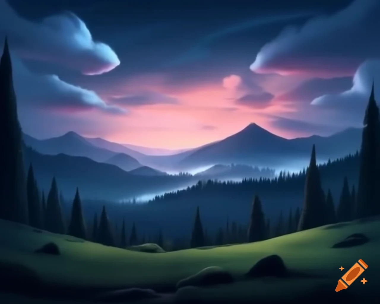 Deciduous forest with mountains and cloudy sky with distant lightning