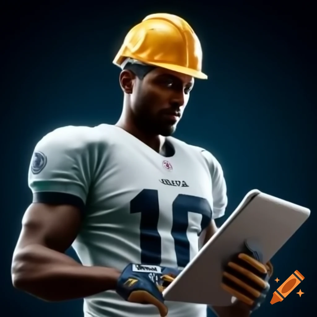 Man in football jersey and construction hardhat holding iPad with football logo, digital art