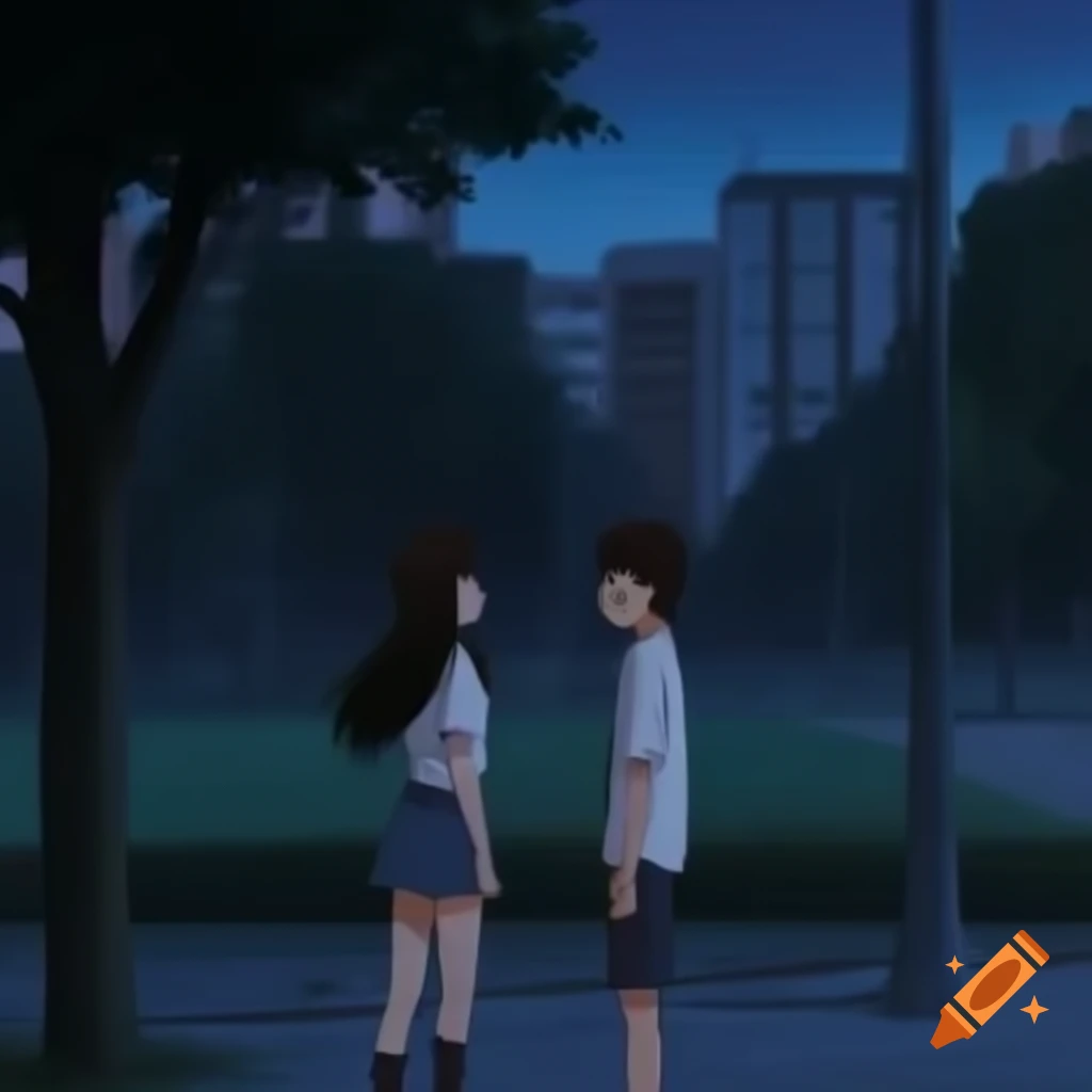 Anime girl and boy in city park during evening