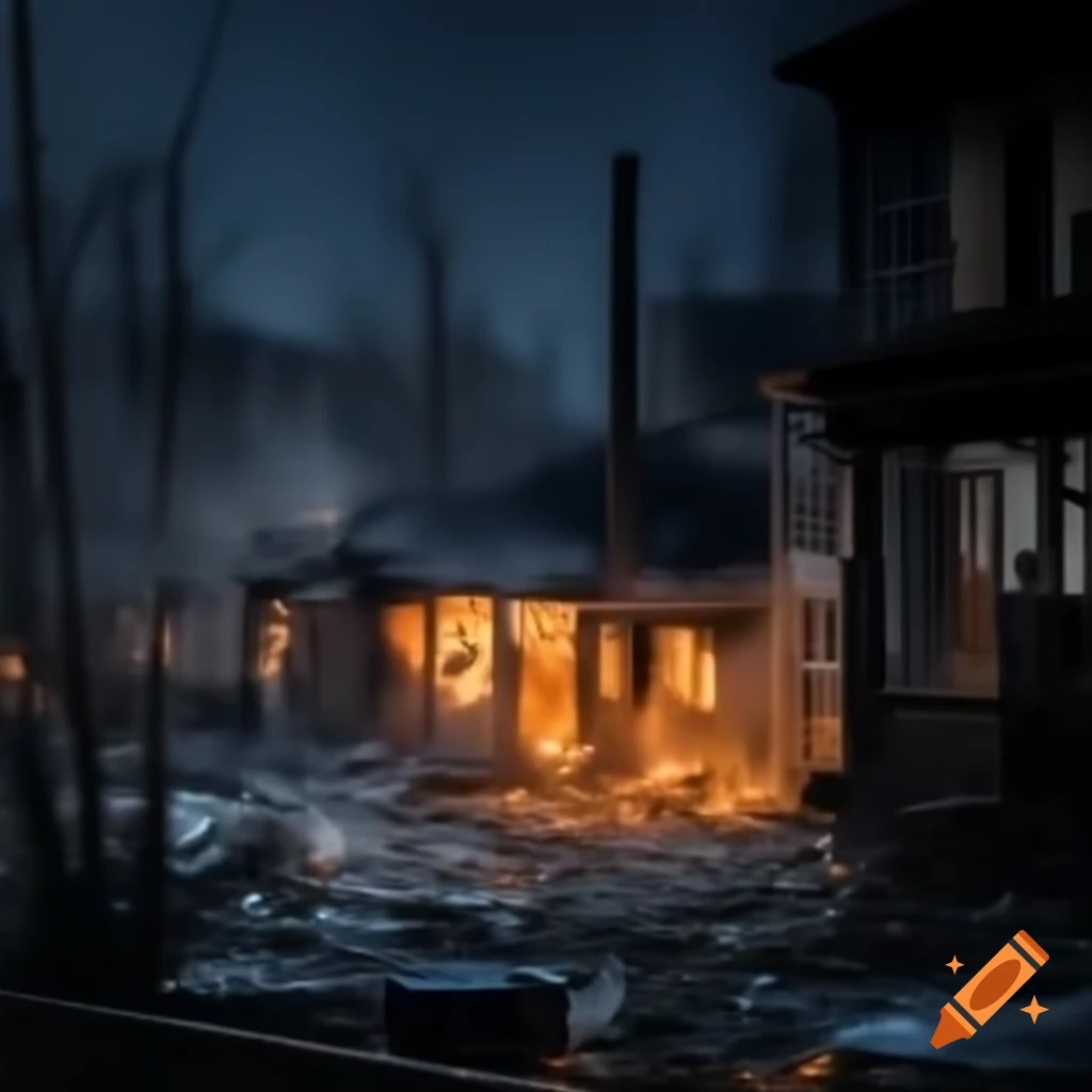 Night cityscape featuring a burned house