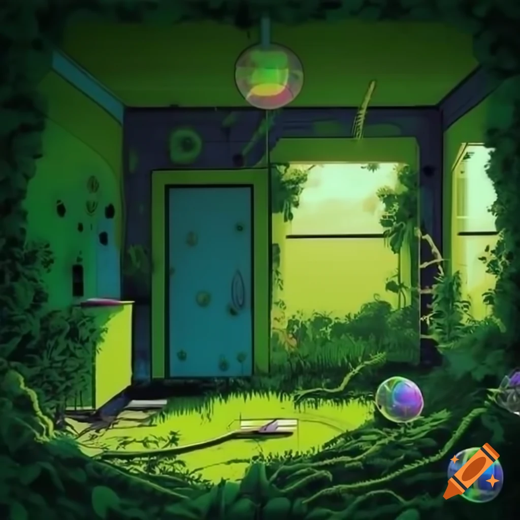 Pop art hippy room with cosmic 70s theme, car, and disco ball