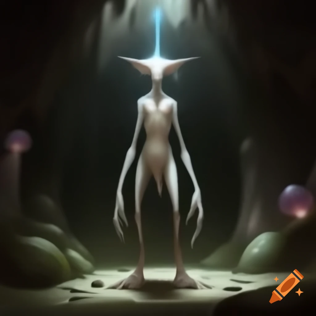 Slender white creature in dark cave with glowing fungi and sparkling minerals