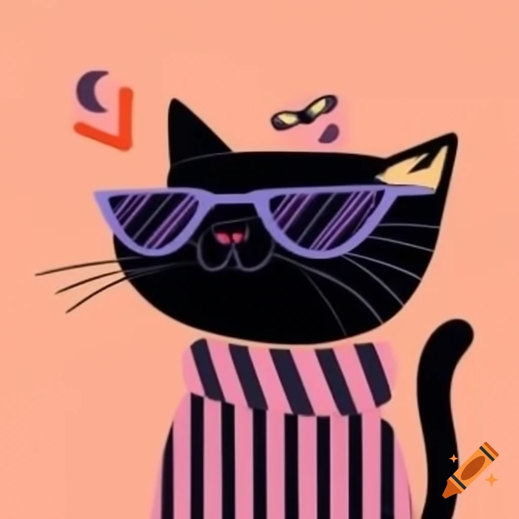Cartoon art of black cat with pajamas and sunglasses