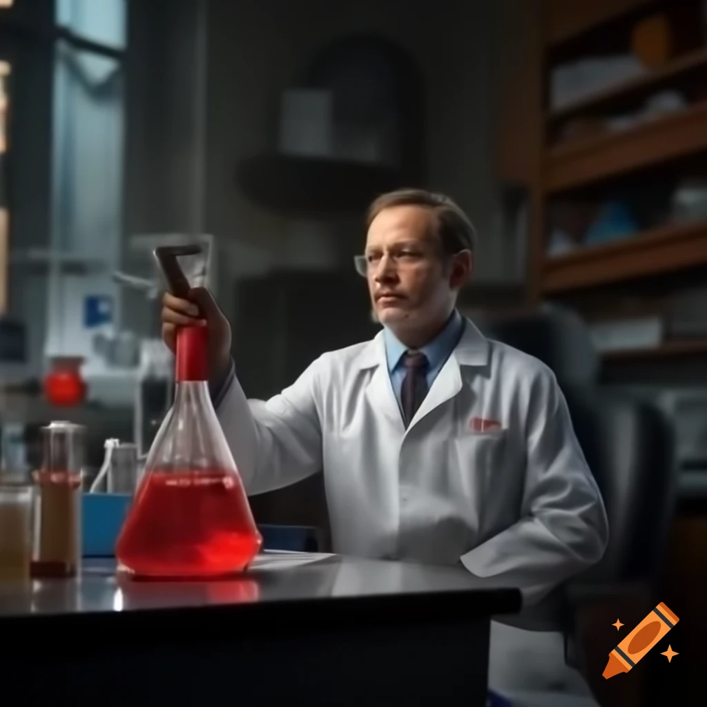 Man in laboratory holding blood bag, digital art style