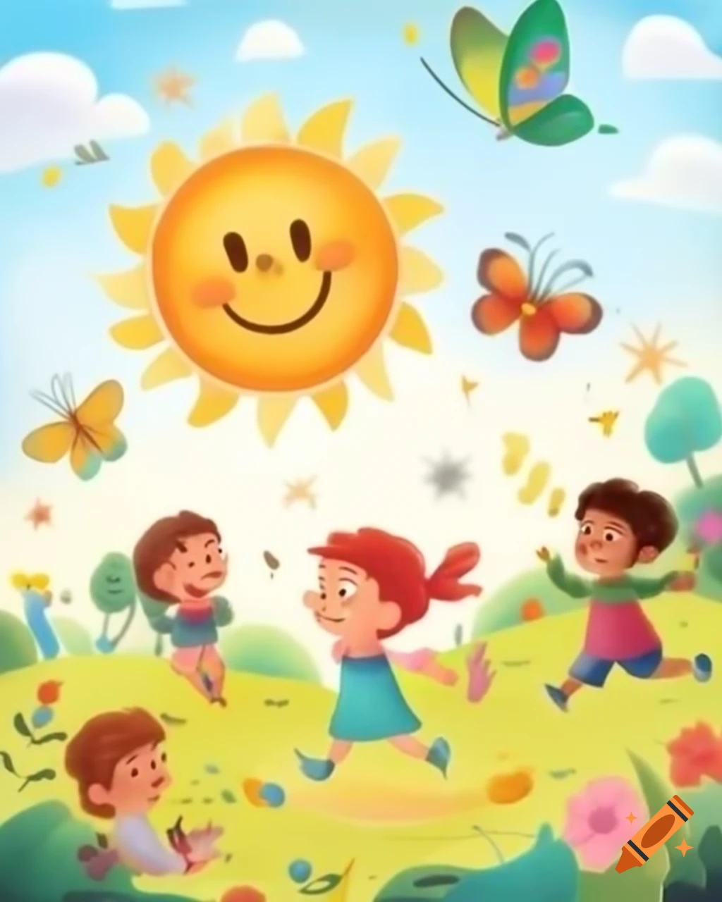 Children playing outside on a sunny day with colorful flowers and butterflies