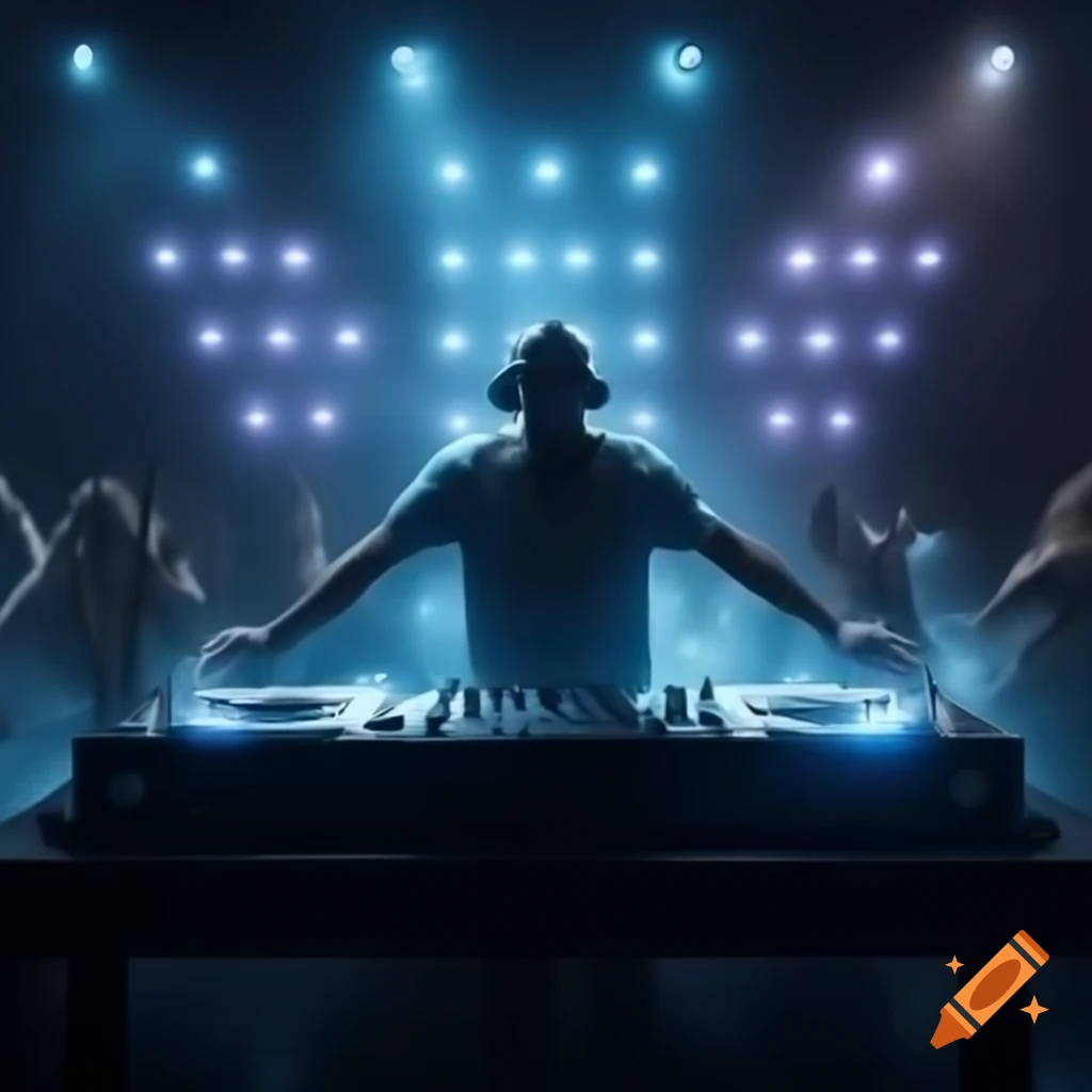 DJ performing with laser lights, smoke, disco ball, and dancers on the dancefloor