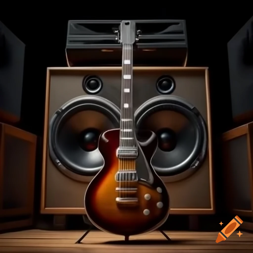 Realistic electric guitar in front of large speaker