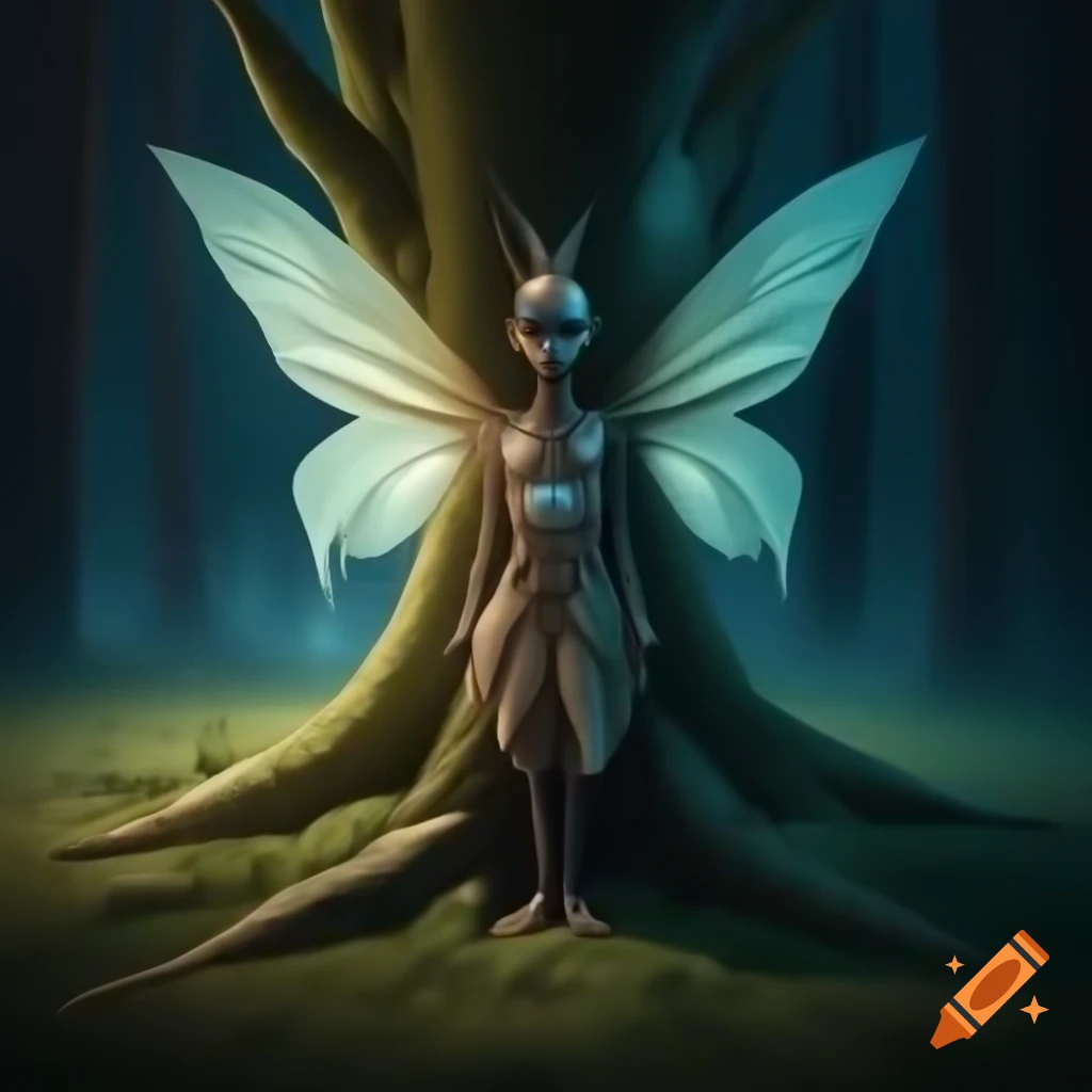 Photorealistic 3D render of a fairy beside a tree in a forest, raytracing