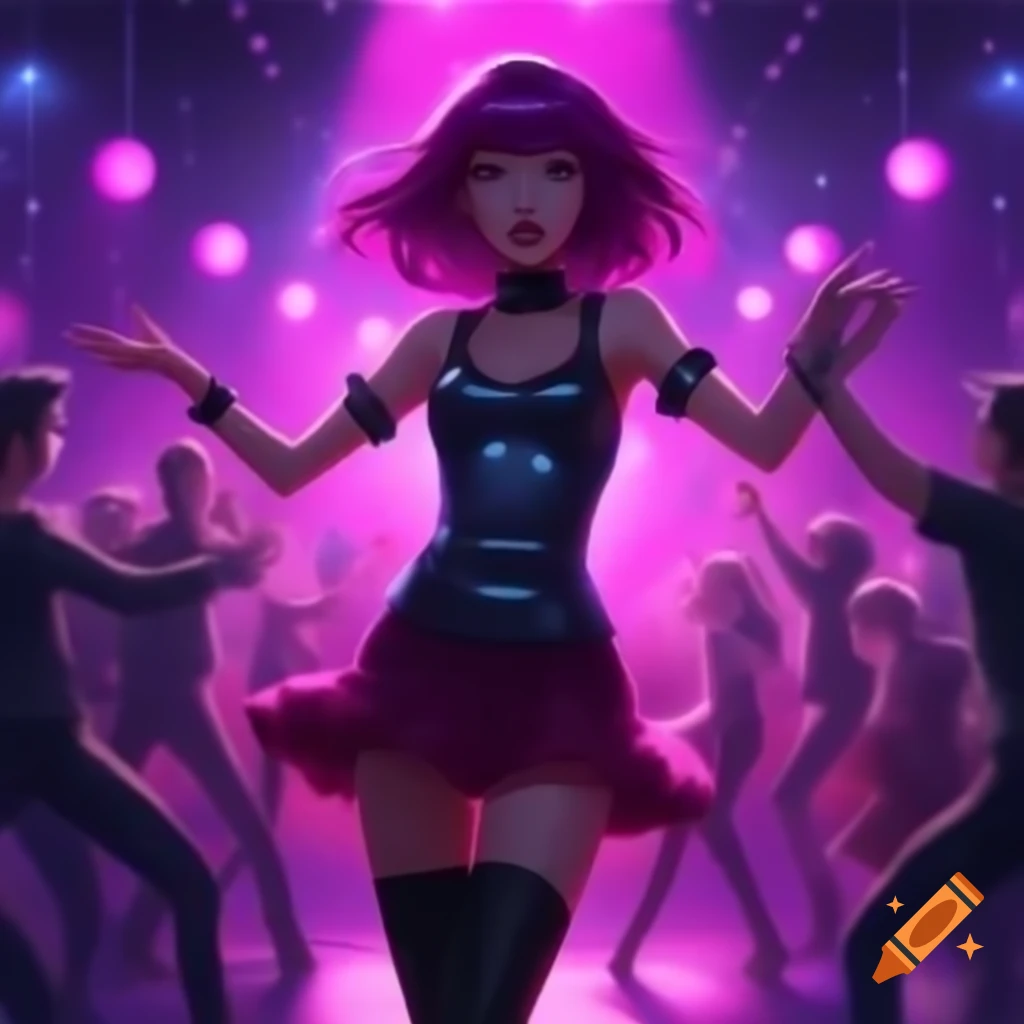 Magenta anime woman dancing in vibrant disco club