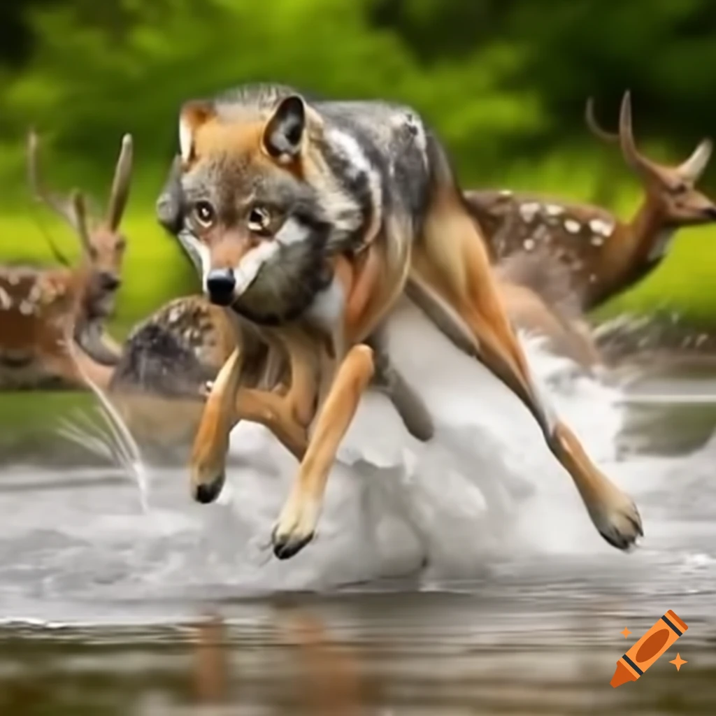 Wolf running along river chasing deer