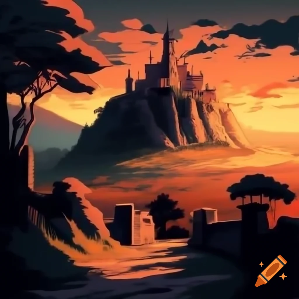 Fantasy castle at sunset with warm sunlight and Rembrandt lighting, painterly style