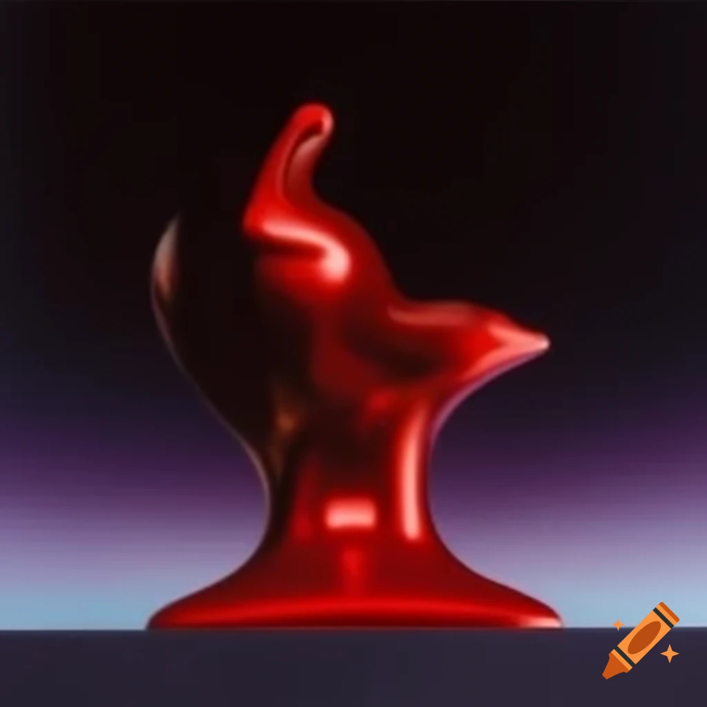 Pop surreal photography featuring iridescent red glass statue