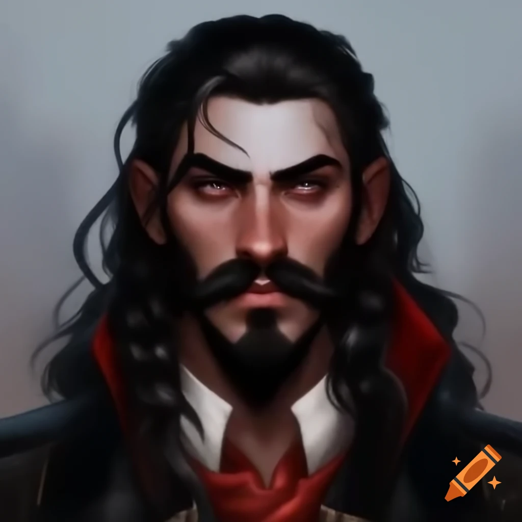 Brooding Italian bard with dark hair and playful black eyes in elegant attire
