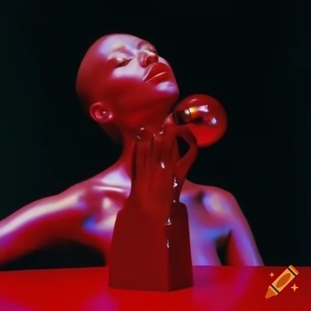 Pop surreal photography featuring iridescent red glass statue