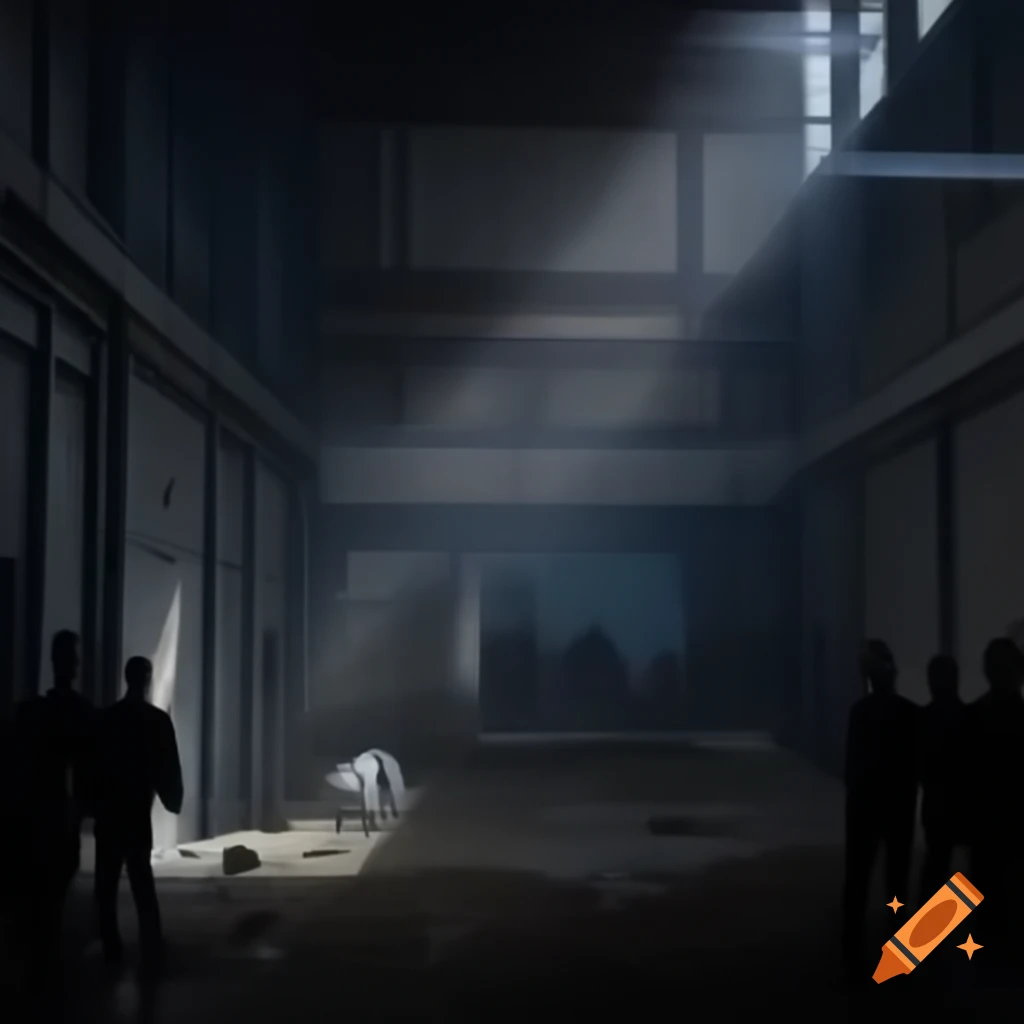 Dark interior of a warehouse with criminals in the background